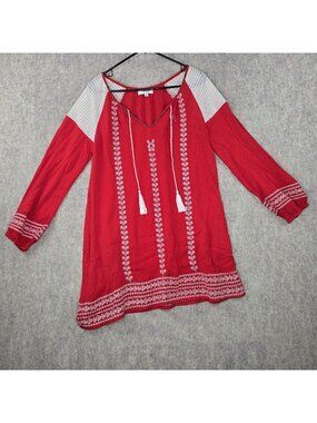 Umgee Women's Embroidered Boho Tunic Top Red/White Small Cotton/Polyester